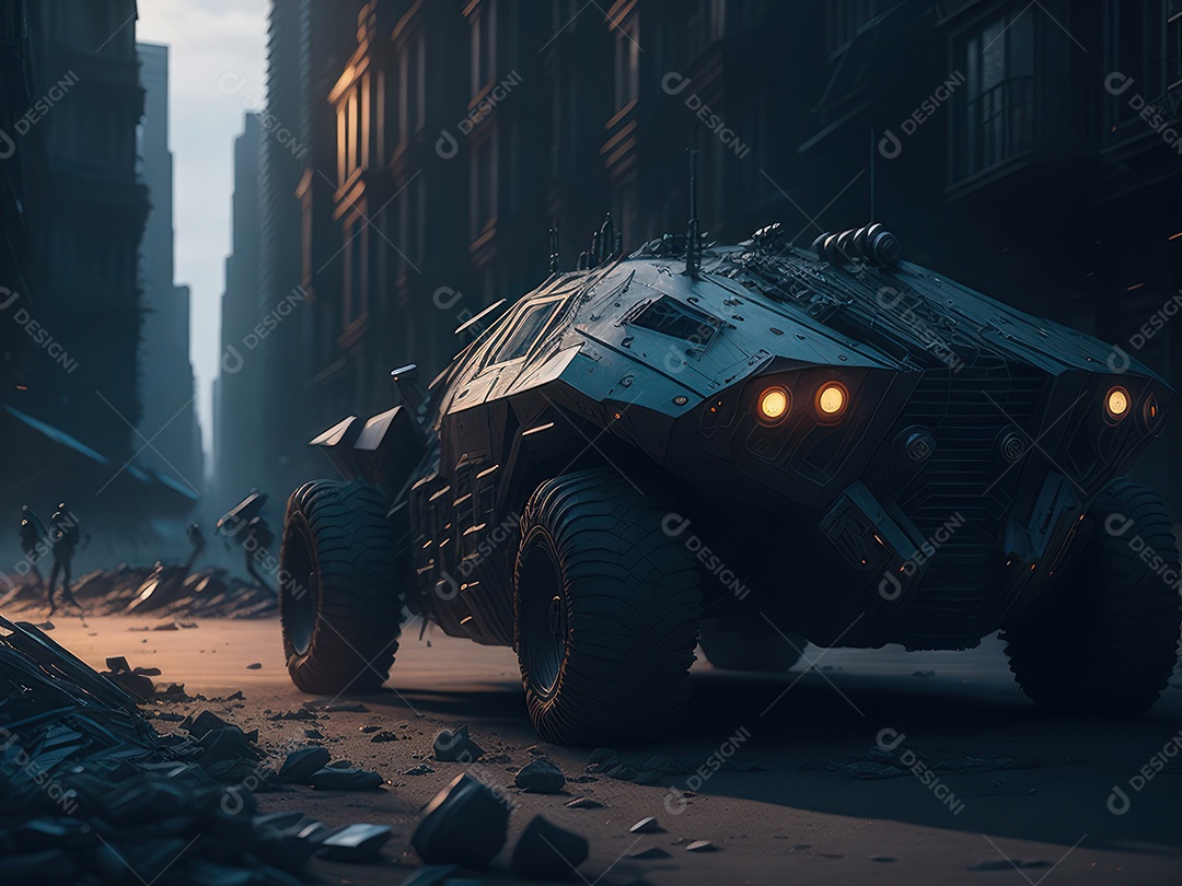 Imagem realista Carro futurista cidade pós apocalíptica.