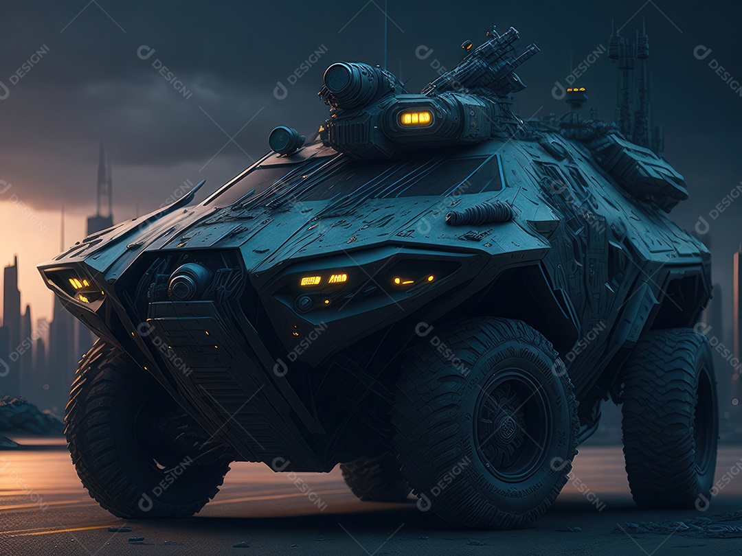 Imagem realista Carro futurista cidade pós apocalíptica.