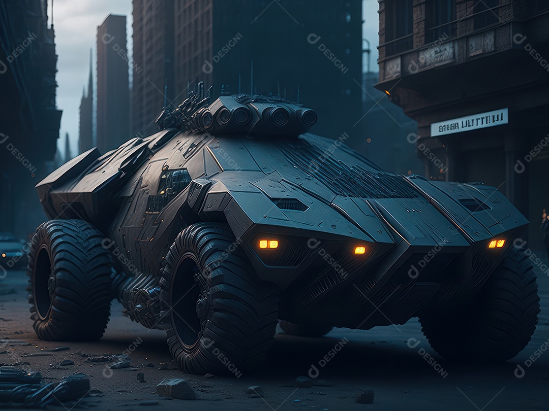 Imagem realista Carro futurista cidade pós apocalíptica.