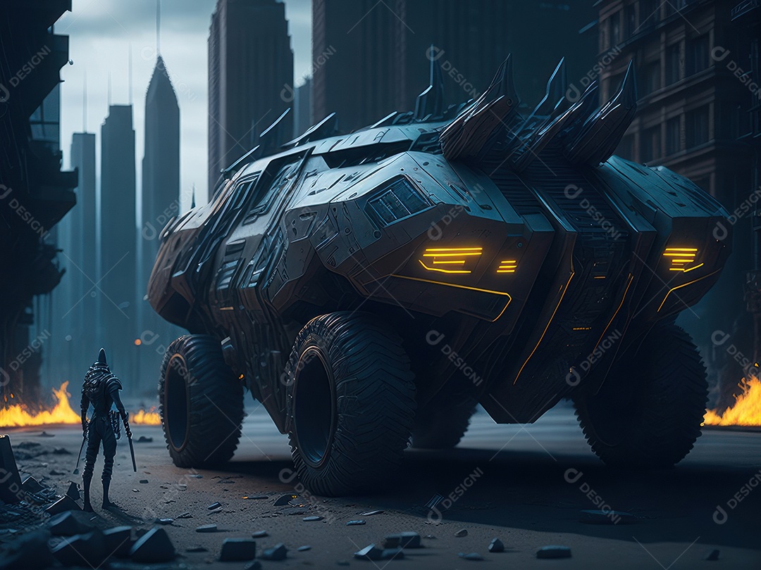 Imagem realista Carro futurista cidade pós apocalíptica.