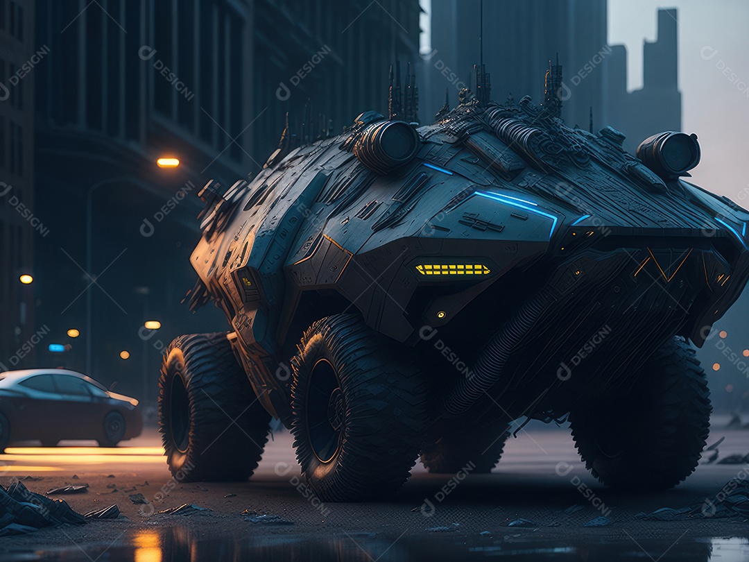 Imagem realista Carro futurista cidade pós apocalíptica.