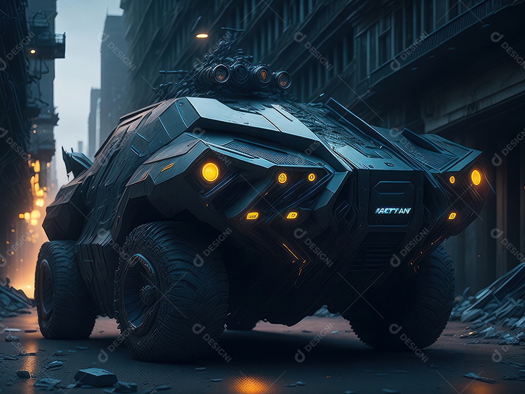 Imagem realista Carro futurista cidade pós apocalíptica.