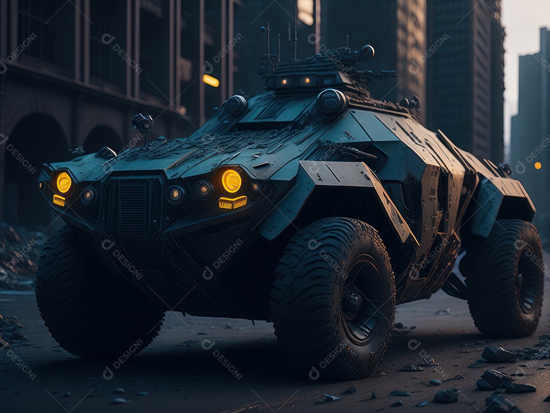 Imagem realista Carro futurista cidade pós apocalíptica.