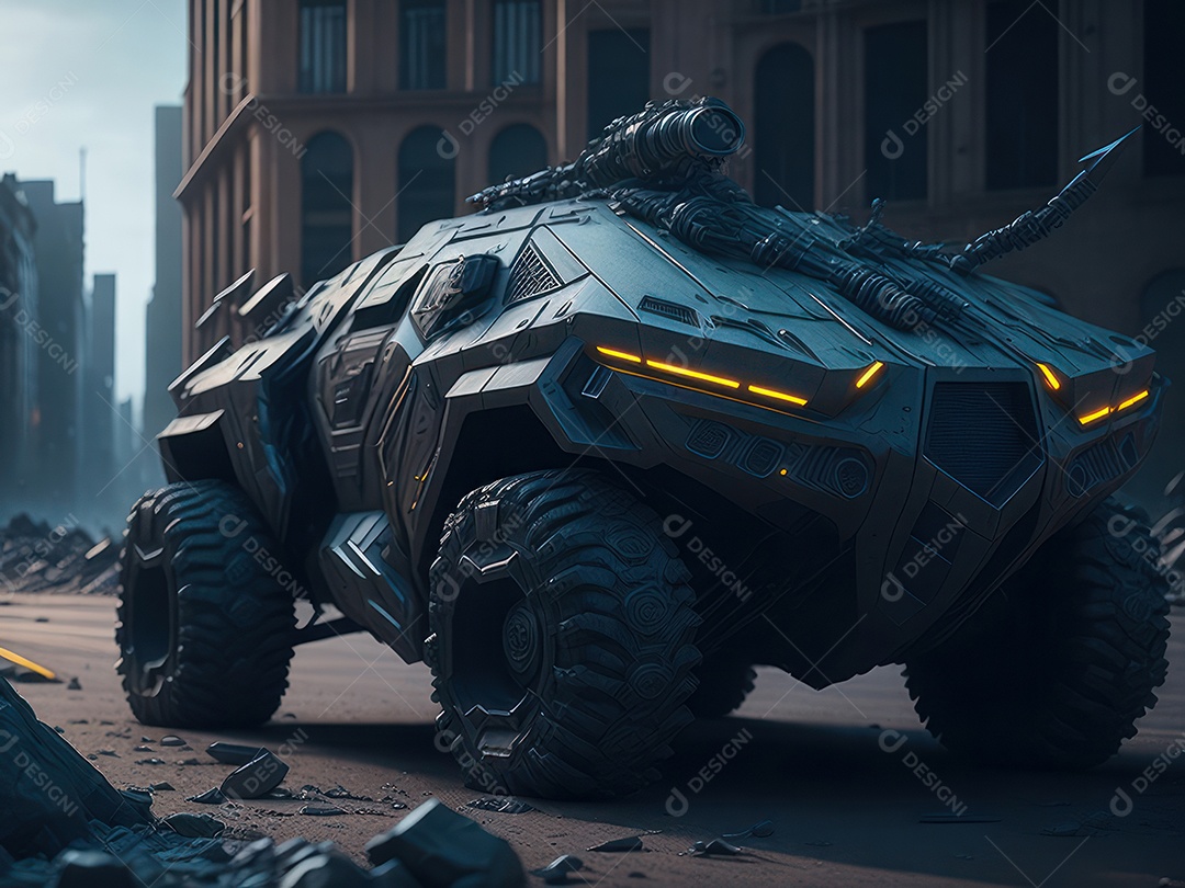 Imagem realista Carro futurista cidade pós apocalíptica.