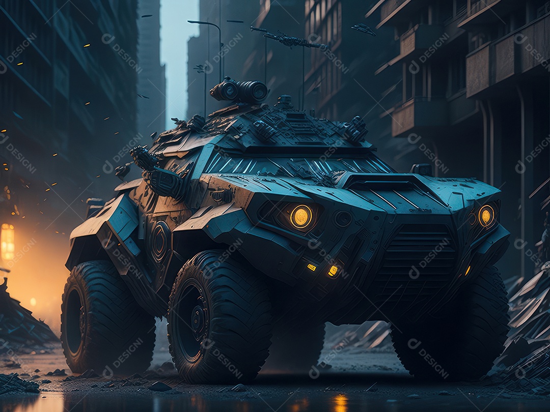 Imagem realista Carro futurista cidade pós apocalíptica.