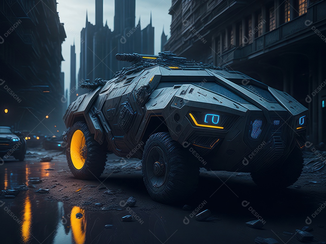 Imagem realista Carro futurista cidade pós apocalíptica.