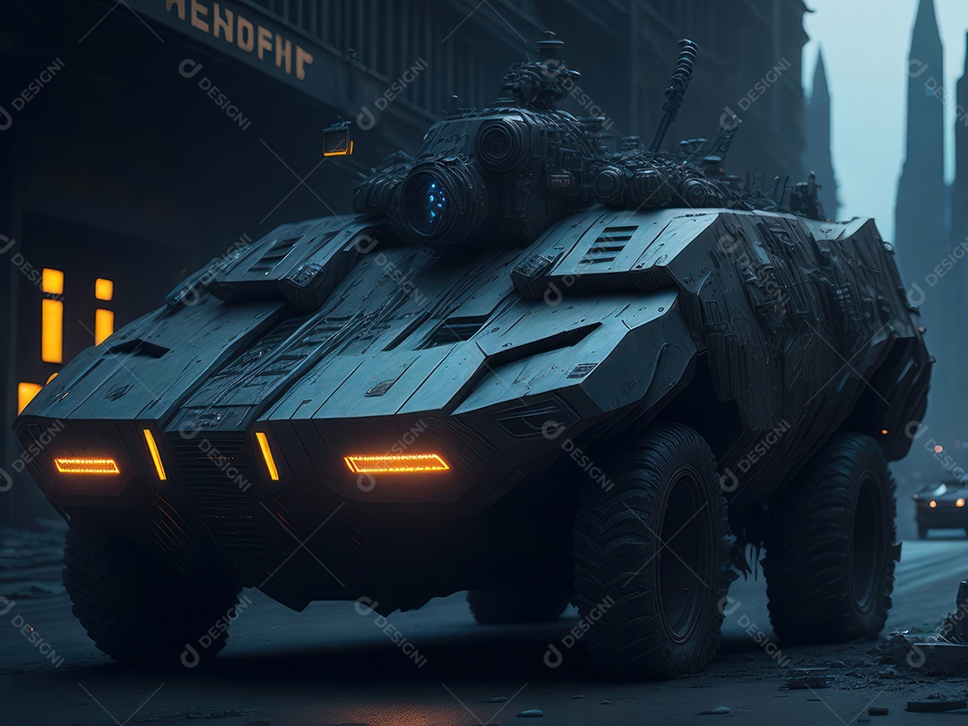 Imagem realista Carro futurista cidade pós apocalíptica.