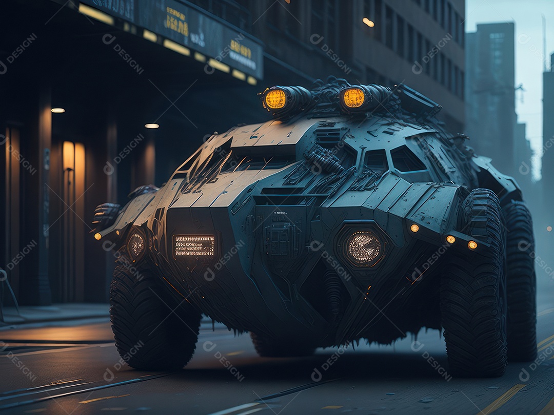 Imagem realista Carro futurista cidade pós apocalíptica.