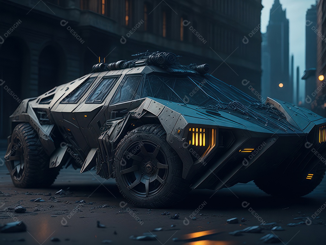 Imagem realista Carro futurista cidade pós apocalíptica.