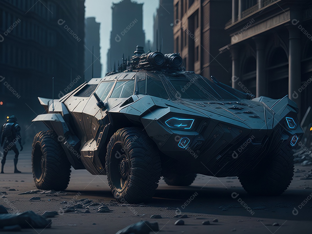 Imagem realista Carro futurista cidade pós apocalíptica.