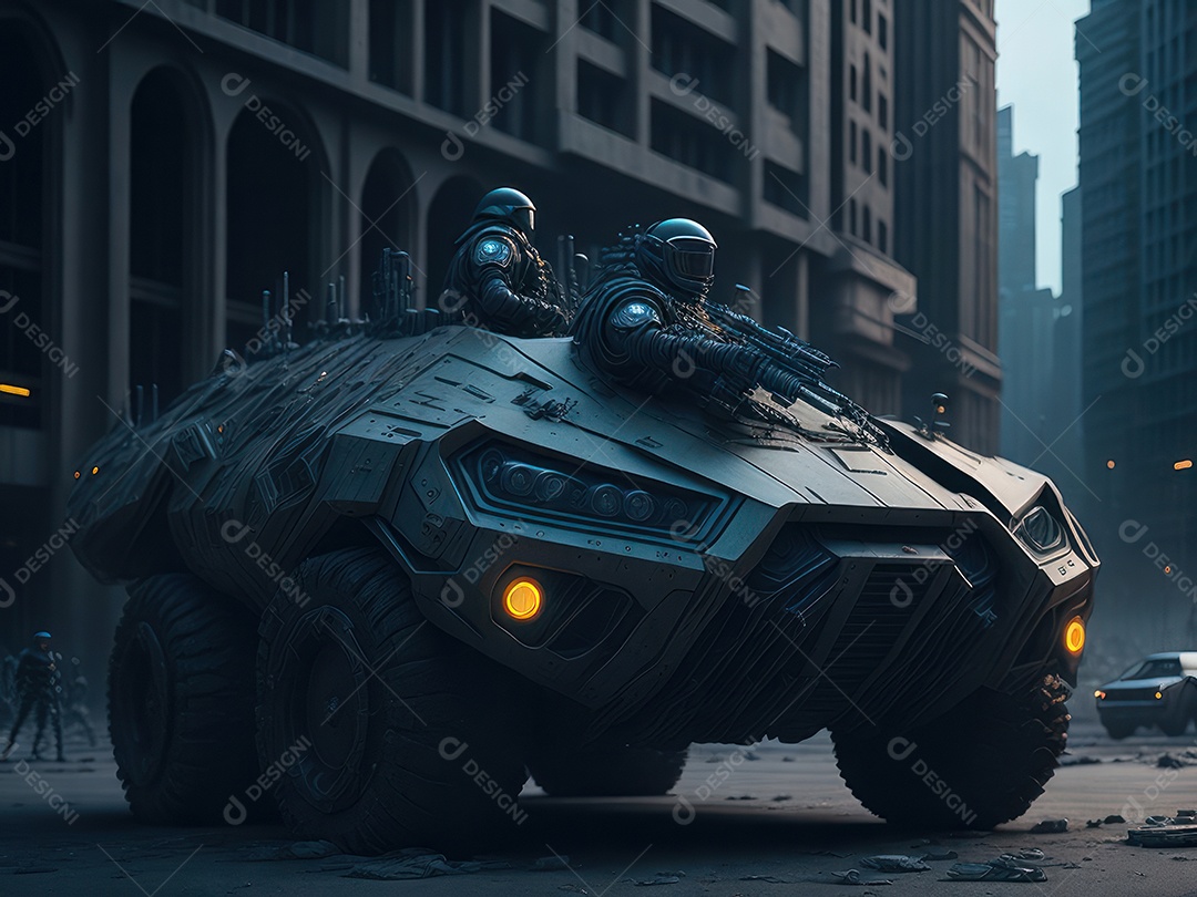 Imagem realista Carro futurista cidade pós apocalíptica.