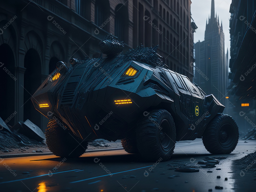 Imagem realista Carro futurista cidade pós apocalíptica.