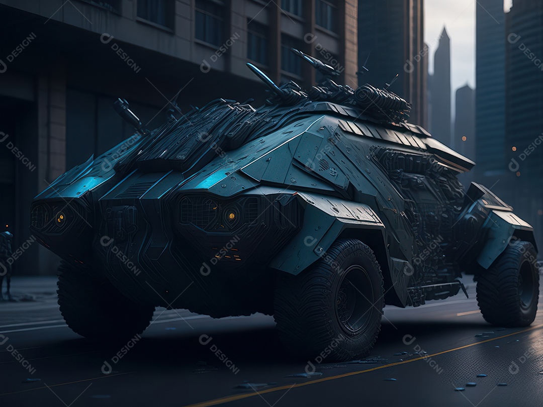 Imagem realista Carro futurista cidade pós apocalíptica.