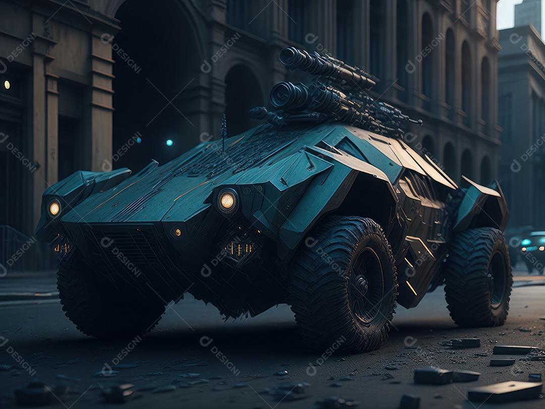 Imagem realista Carro futurista cidade pós apocalíptica.