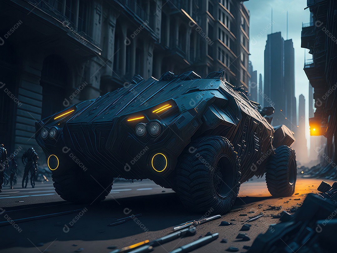 Imagem realista Carro futurista cidade pós apocalíptica.