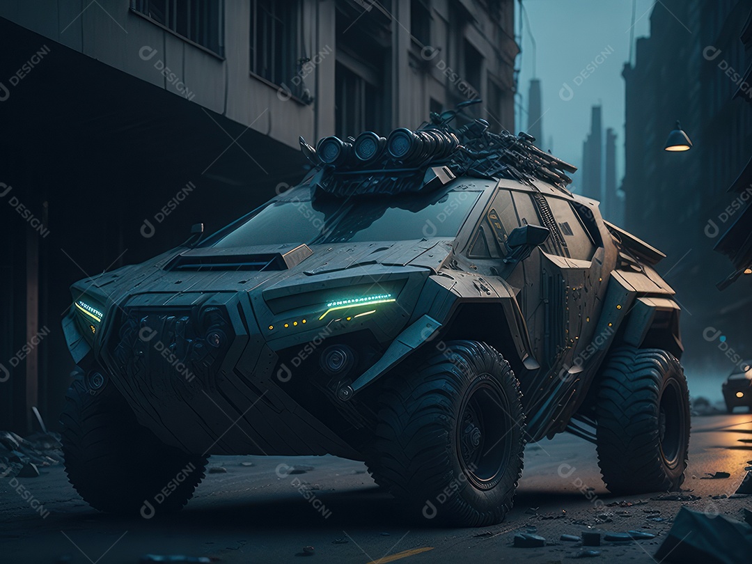 Imagem realista Carro futurista cidade pós apocalíptica.