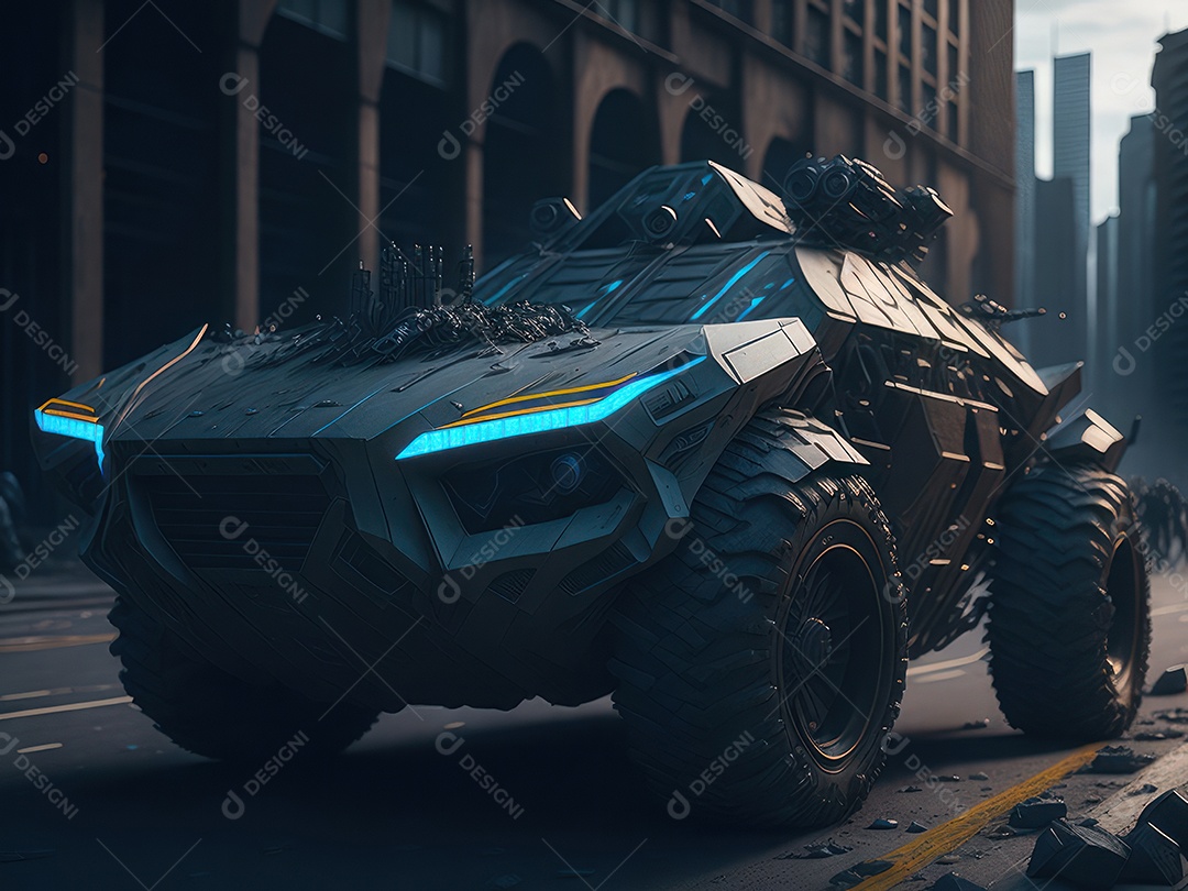 Imagem realista Carro futurista cidade pós apocalíptica.