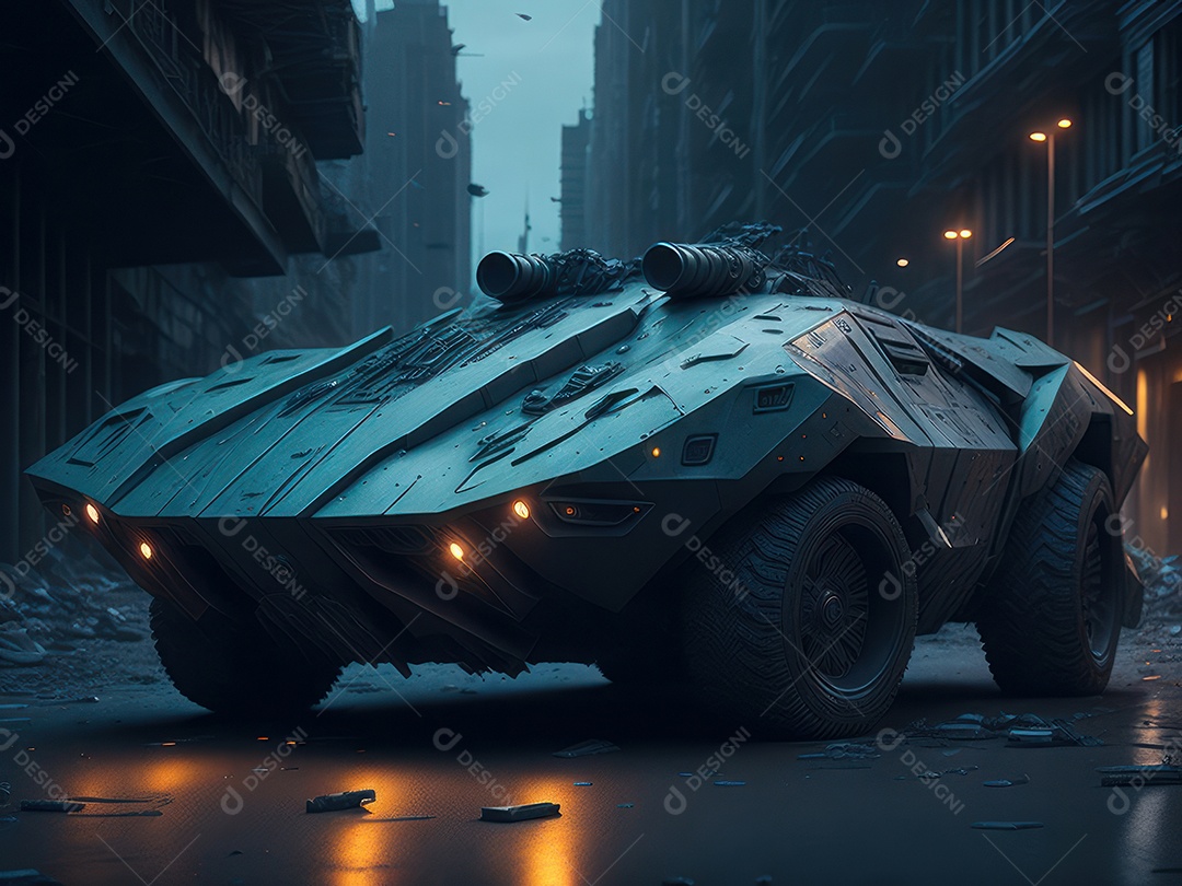 Imagem realista Carro futurista cidade pós apocalíptica.