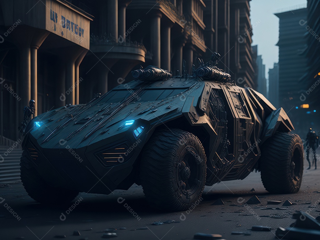 Imagem realista Carro futurista cidade pós apocalíptica.