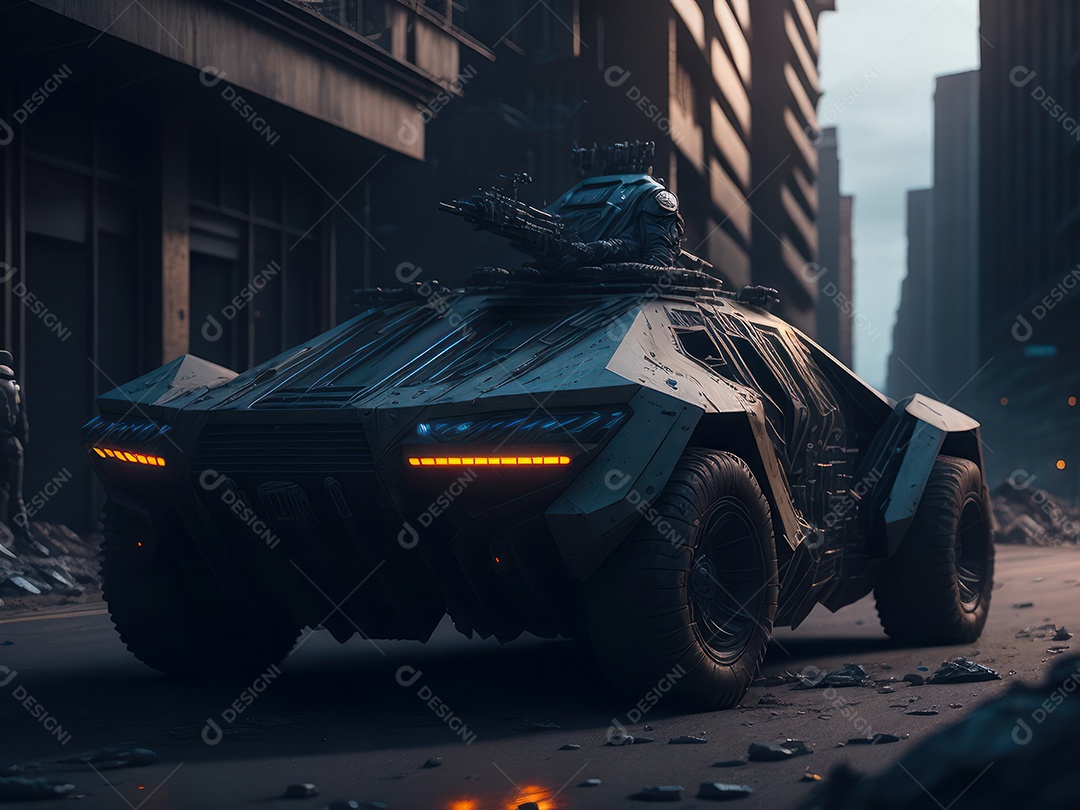 Imagem realista Carro futurista cidade pós apocalíptica.