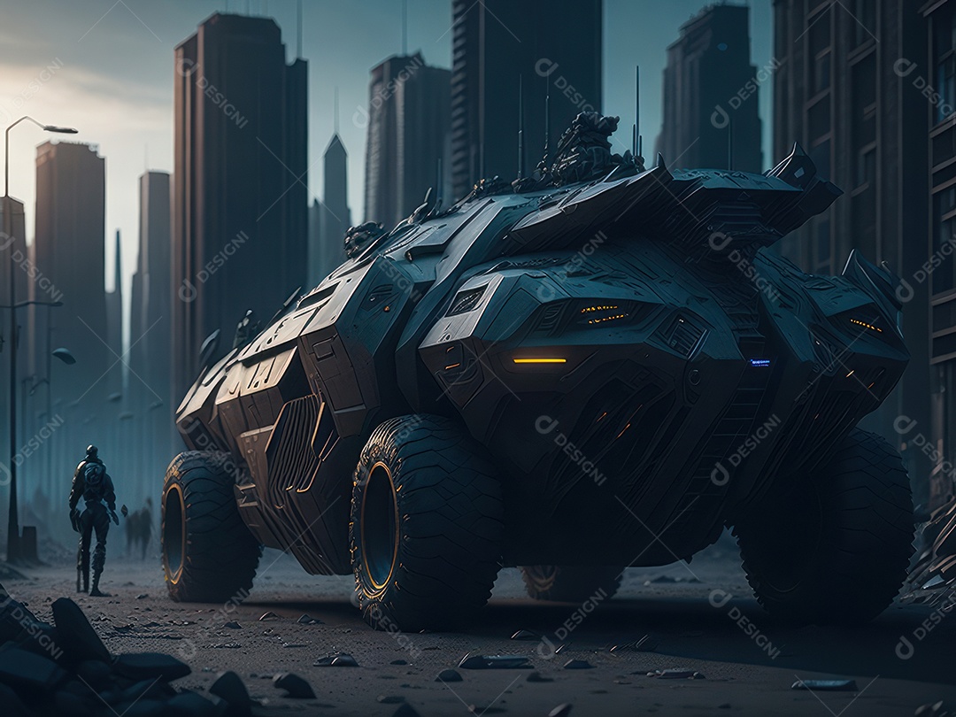 Imagem realista Carro futurista cidade pós apocalíptica.