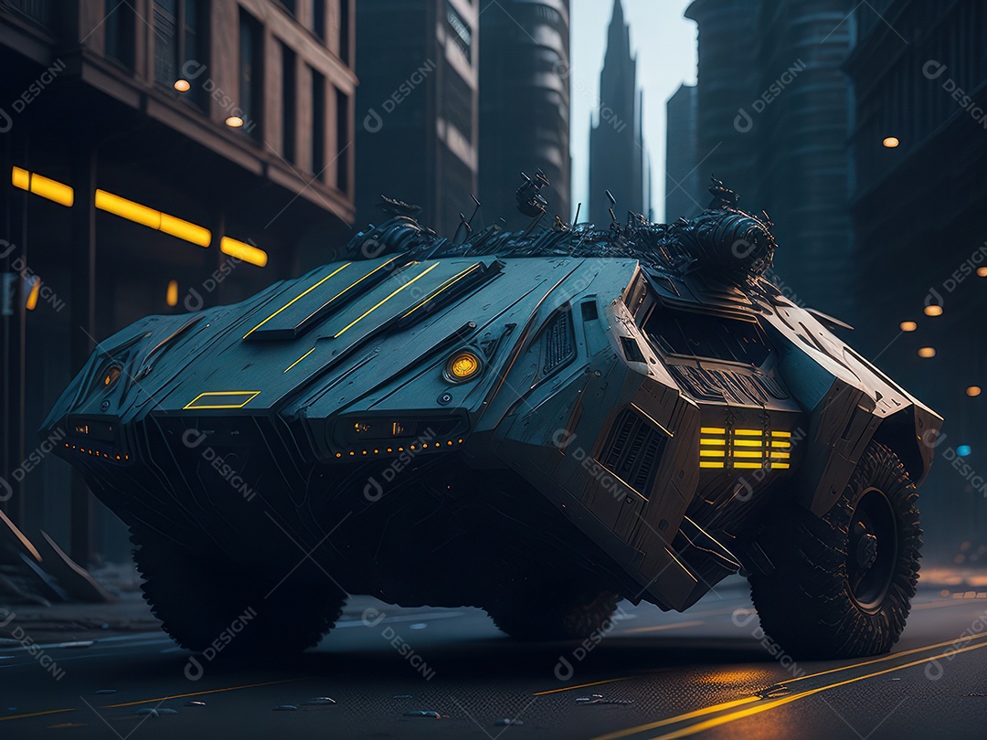 Imagem realista Carro futurista cidade pós apocalíptica.