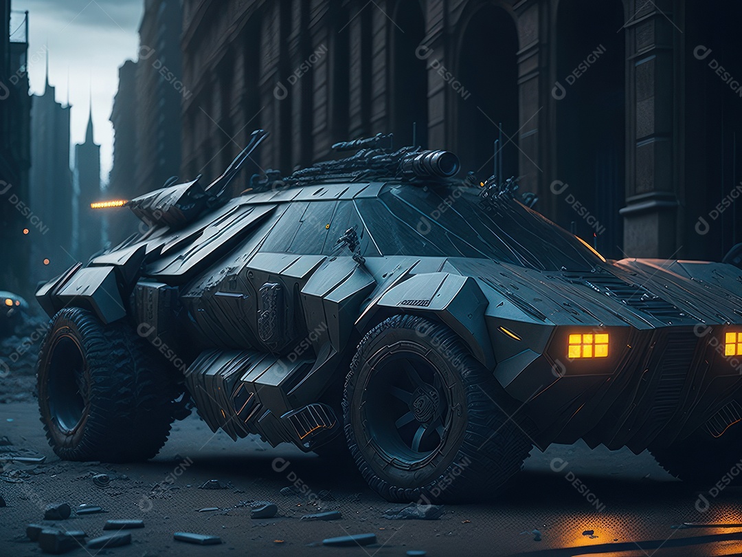 Imagem realista Carro futurista cidade pós apocalíptica.