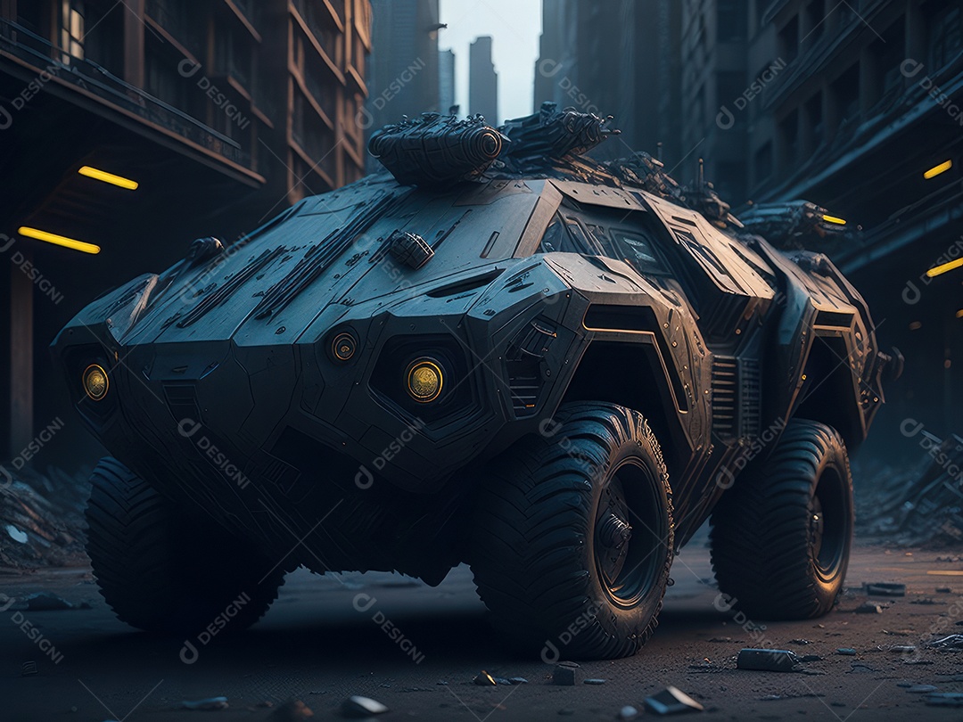 Imagem realista Carro futurista cidade pós apocalíptica.