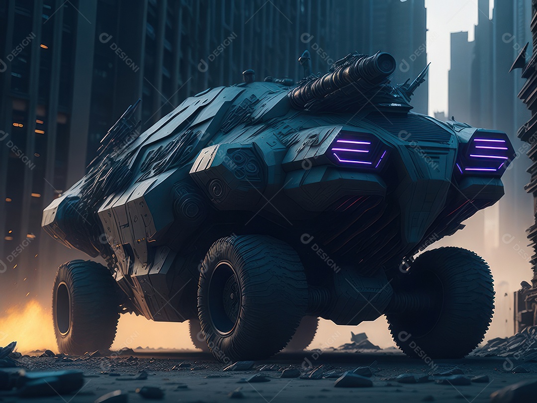 Imagem realista Carro futurista cidade pós apocalíptica.