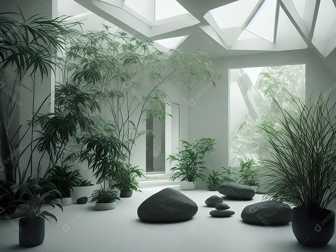 Sala zen para meditação com cristais e lotes