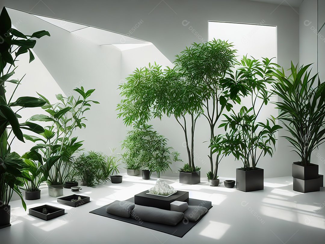 Sala zen para meditação com cristais e lotes