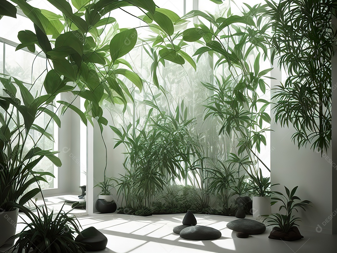 Sala zen para meditação com cristais e lotes