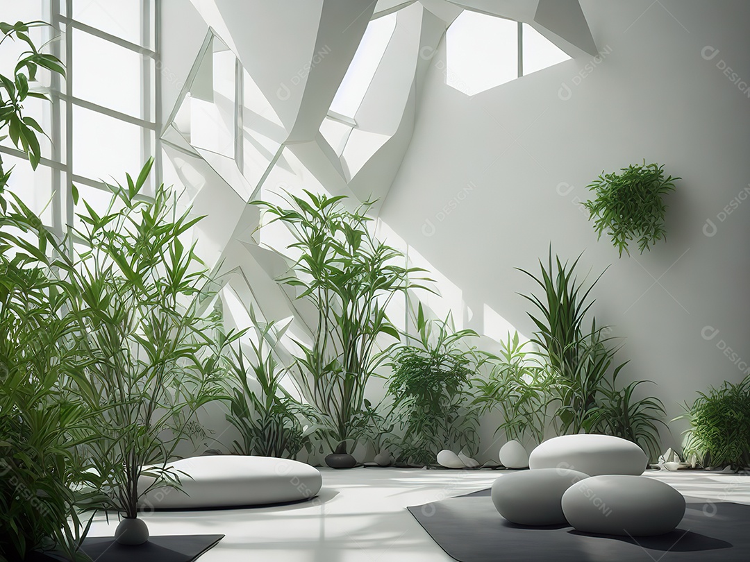 Sala zen para meditação com cristais e lotes