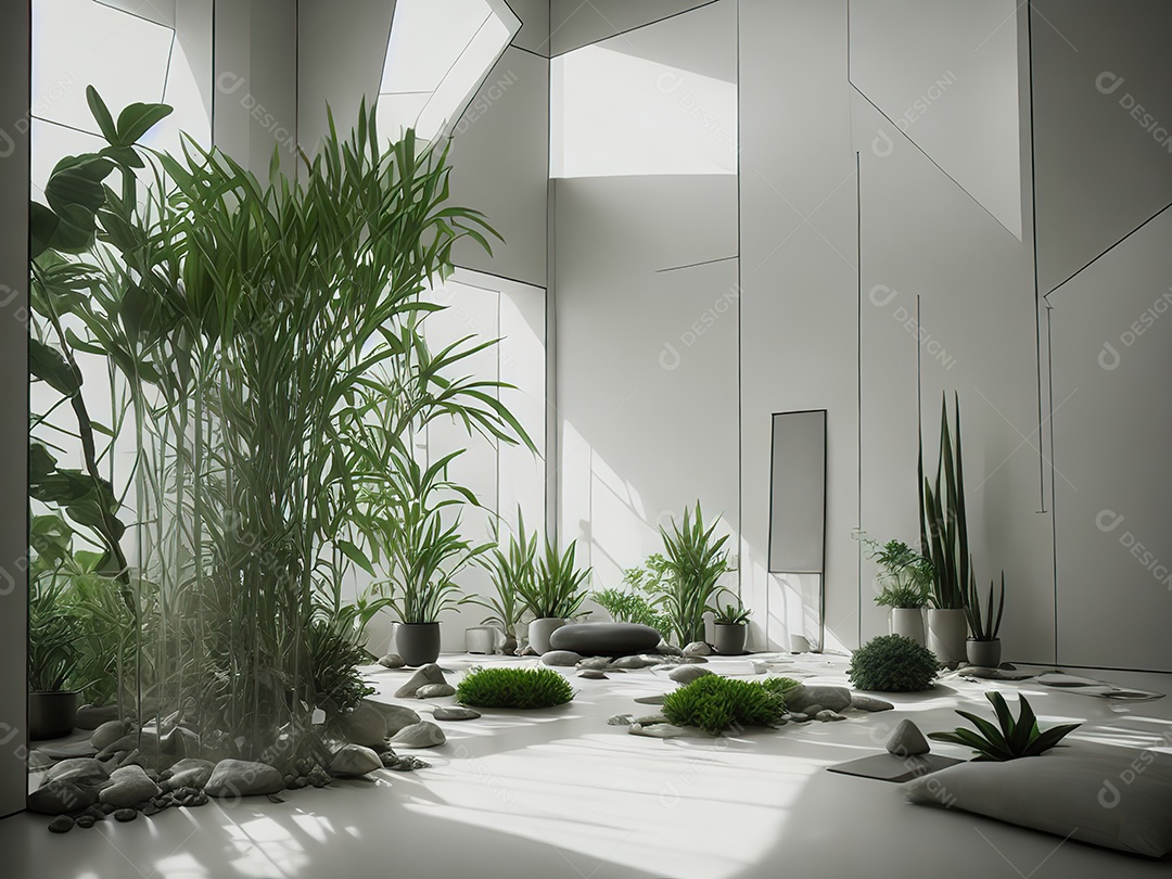 Sala zen para meditação com cristais e lotes