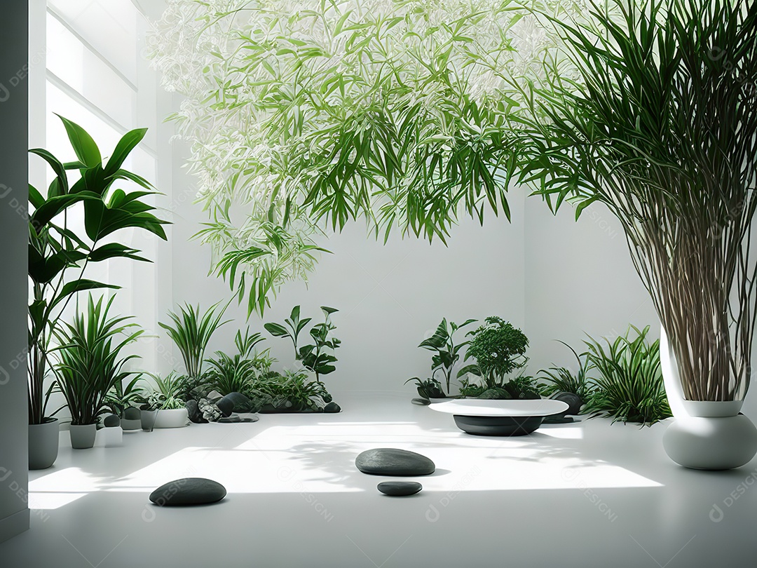 Sala zen para meditação com cristais e lotes