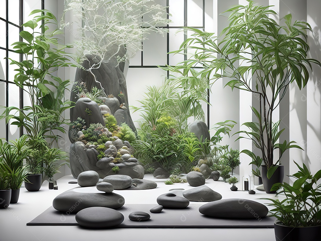 Sala zen para meditação com cristais e lotes
