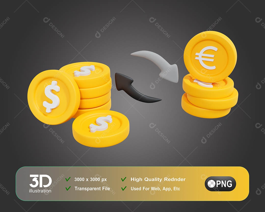 Moedas De Tricas Euro Dólar Elemento 3D Para Composição PSD