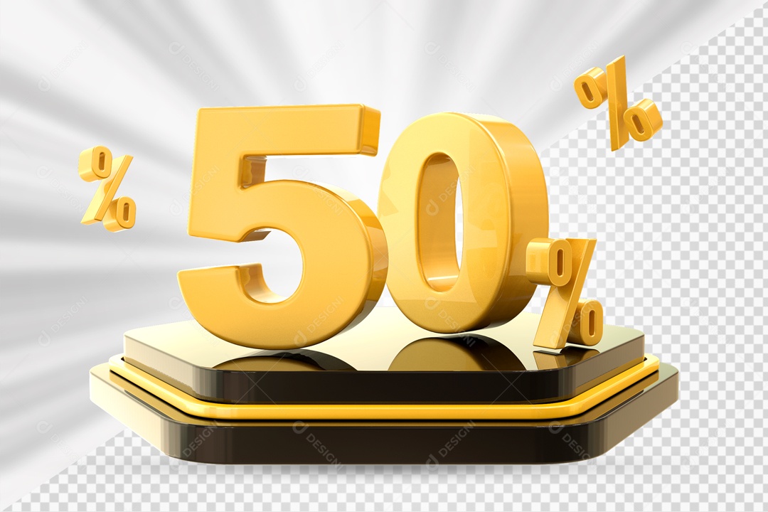 Número 3D 50% Porcento Dourado Podium Preto E Dourado Para Composição PSD