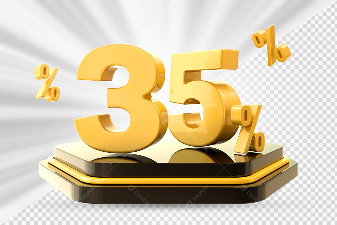 Número 3D 35% Porcento Dourado Podium Preto E Dourado Para Composição PSD