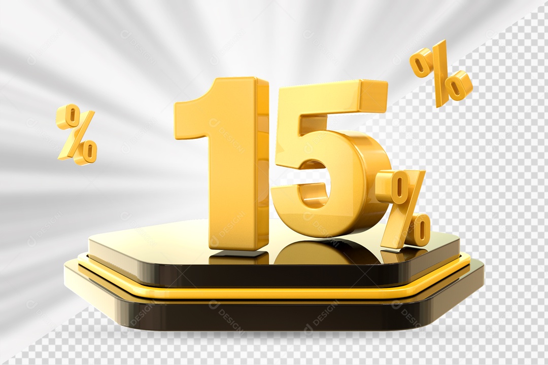 Número 3D 15% Porcento Dourado Podium Preto E Dourado Para Composição PSD