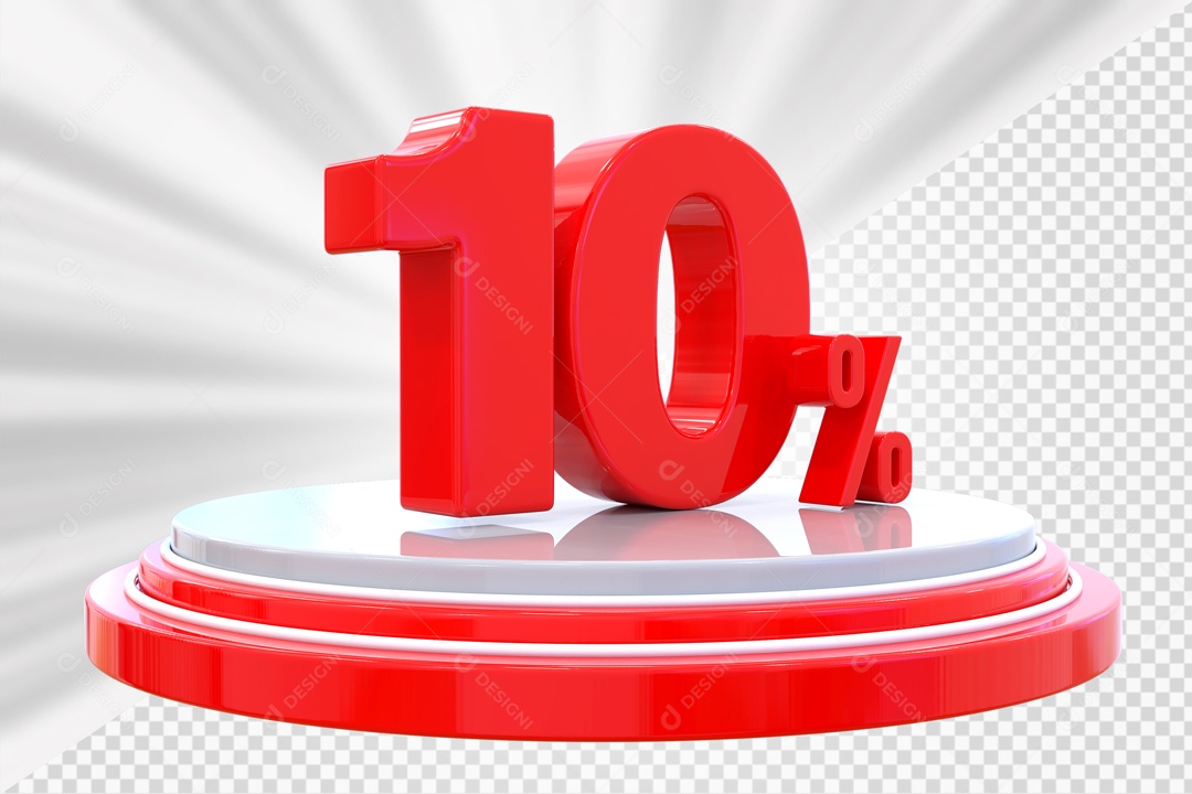 Número 3D 10% Porcento Vermelho Podium Redondo Vermelho e Branco Para Composição PSD