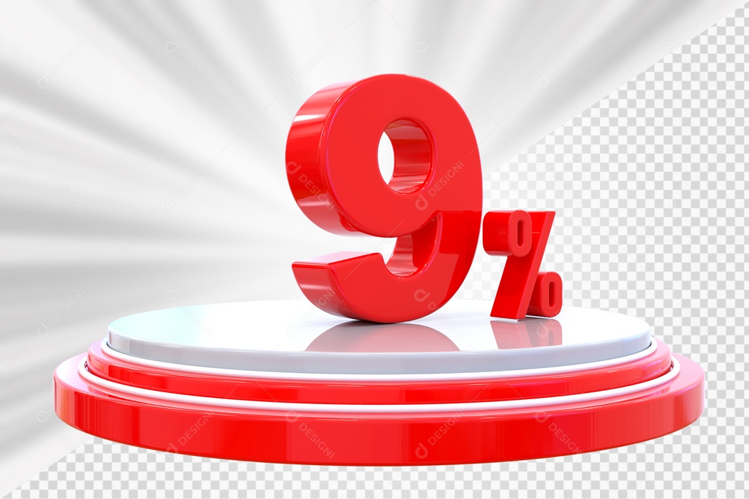 Número 3D 9% Porcento Vermelho Podium Redondo Vermelho e Branco Para Composição PSD
