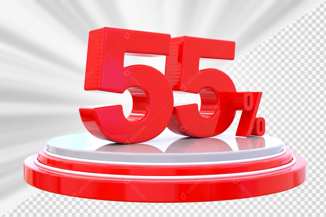 Número 3D 55% Porcento Vermelho Podium Redondo Vermelho e Branco Para Composição PSD