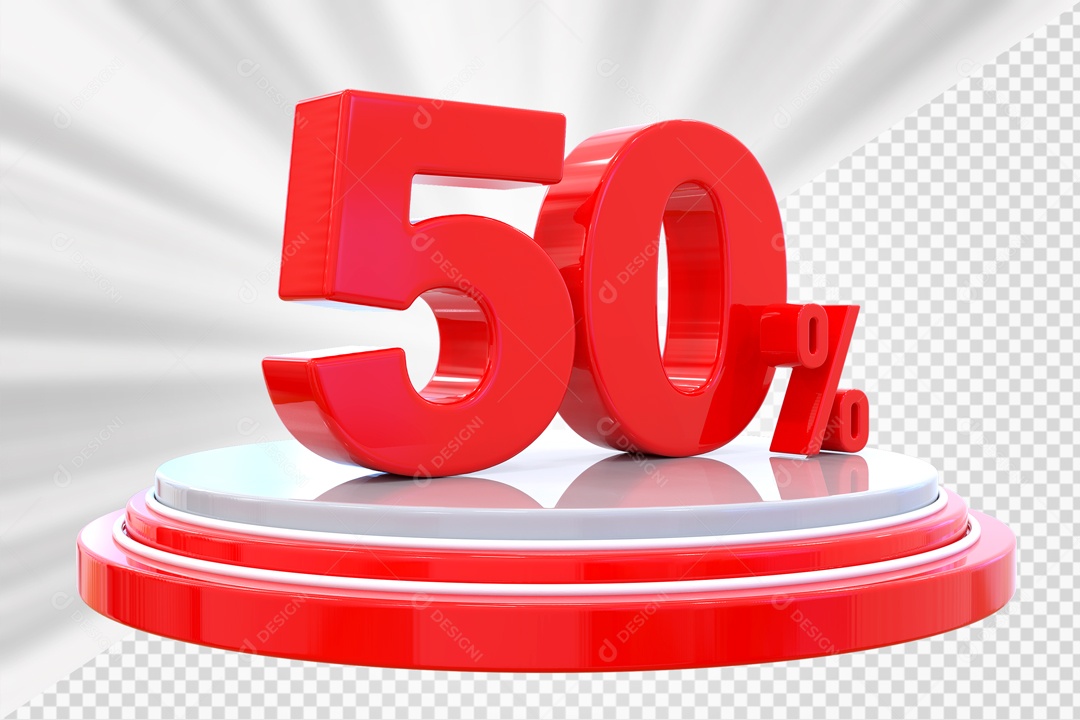 Número 3D 50% Porcento Vermelho Podium Redondo Vermelho e Branco Para Composição PSD