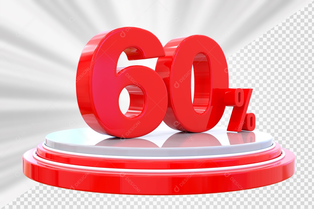 Número 3D 60% Porcento Vermelho Podium Redondo Vermelho e Branco Para Composição PSD
