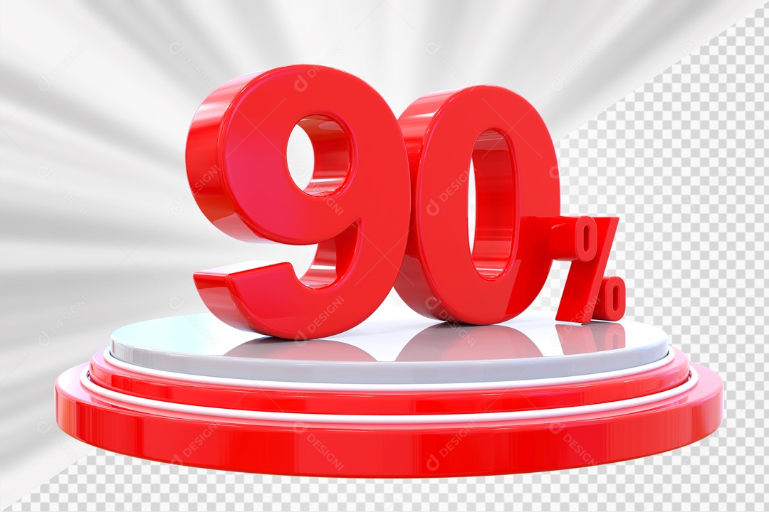 Número 3D 90% Porcento Vermelho Podium Redondo Vermelho e Branco Para Composição PSD