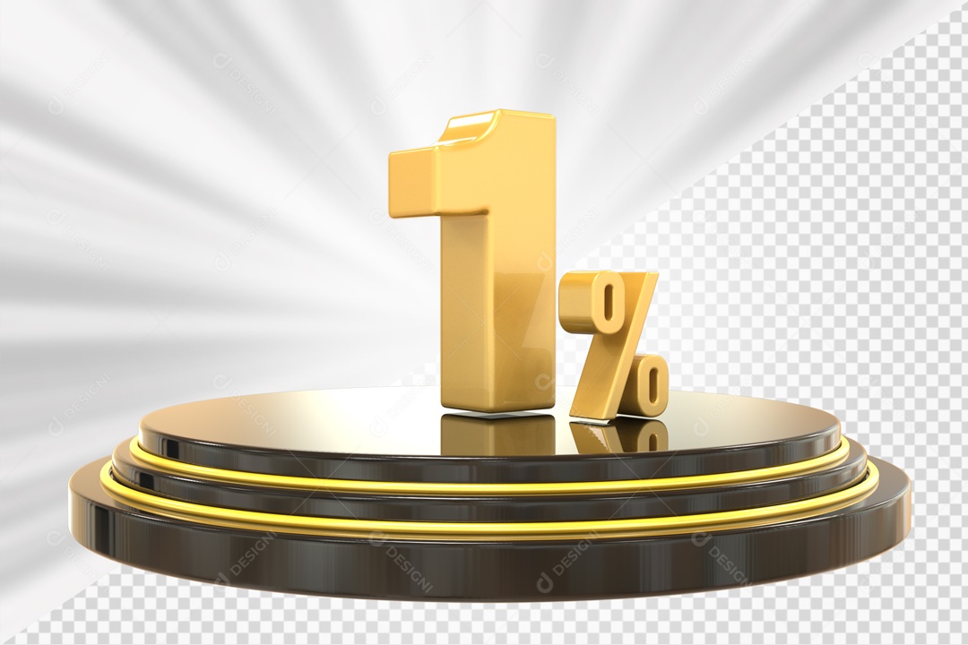 Número 3D 1% Porcento Dourado Podium Redondo Preto e Dourado Para Composição PSD