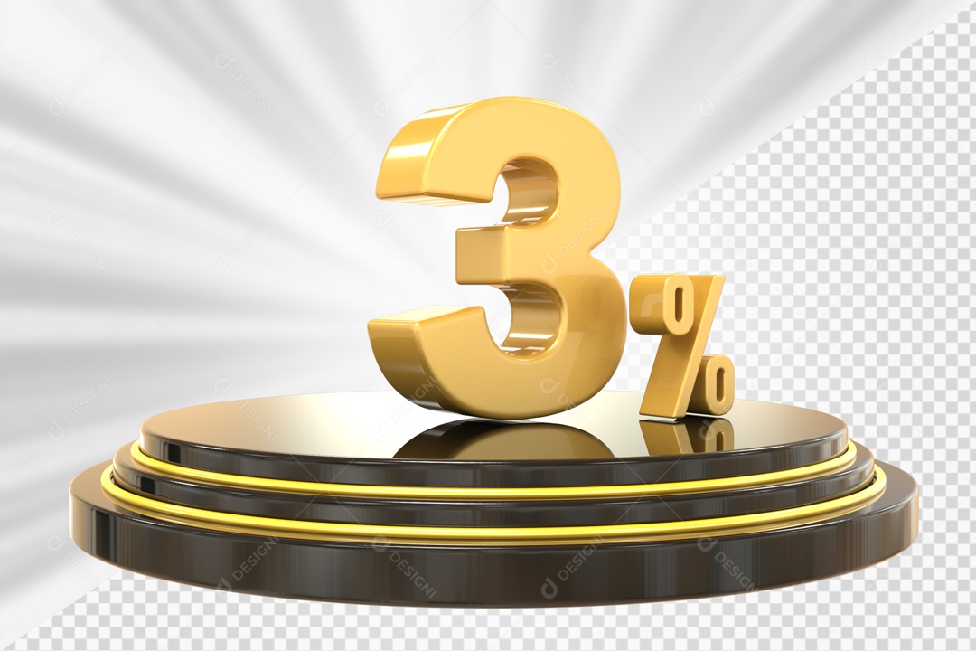 Número 3D 3% Porcento Dourado Podium Redondo Preto e Dourado Para Composição PSD