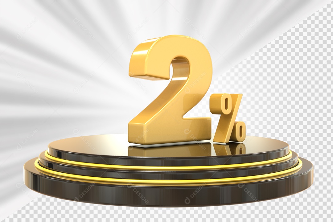 Número 3D 2% Porcento Dourado Podium Redondo Preto e Dourado Para Composição PSD