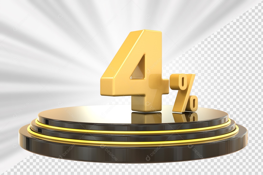 Número 3D 4% Porcento Dourado Podium Redondo Preto e Dourado Para Composição PSD
